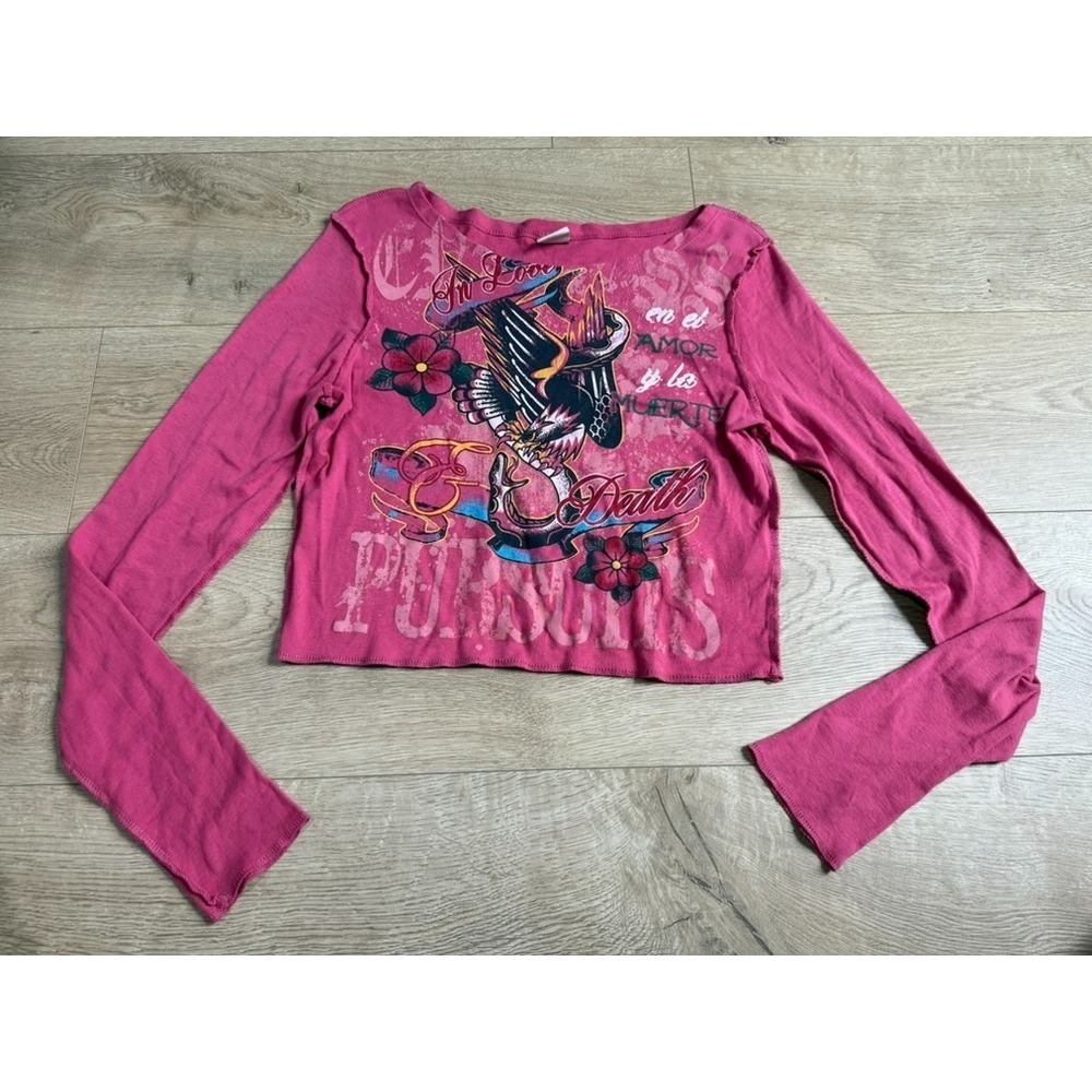 Urban Outfitters Old Skool Tattoo Print Pink Long Sleeve Cropped Shirt Size Med